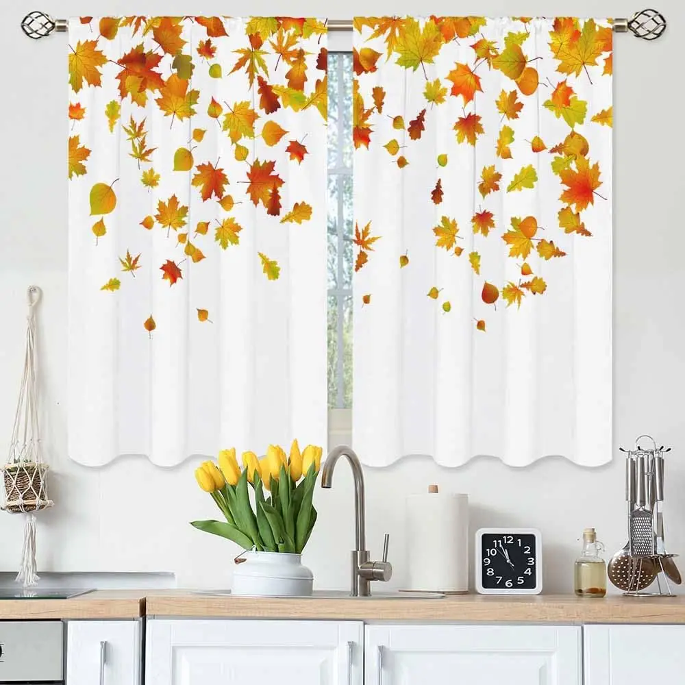 Maple Leaves Kitchen Curtains Autumn Yellow Golden Leaves Different Shapes Falling Short Tier Curtains for Bathroom Cafe Small