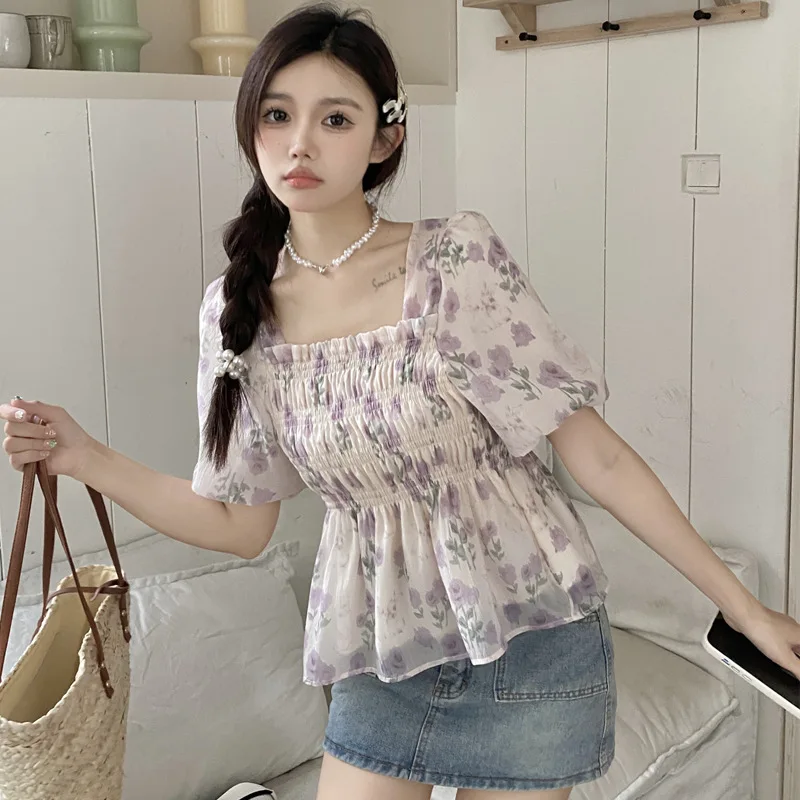 

Sweet Summer Floral Print Short Sleeve Chiffon Shirt Women's Bubble Shoulder Square Collar Slimming Top Comfortable Korean Style
