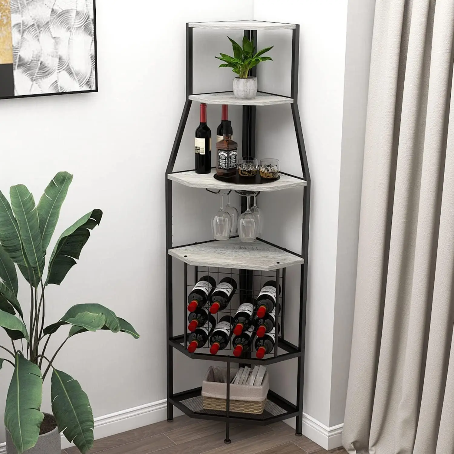 

5-Tier Corner Wine Rack Freestanding Floor with Glass Holder and Bottles Wine Storage Home Bar Furniture