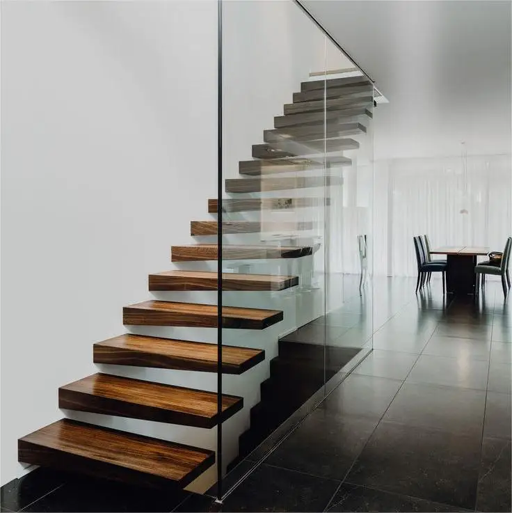 Luxury Modern Design Floating Stairs Motion Sensor LED Lights Frameless Glass Timber Steps Solid Wood Metal Material Canada/USA