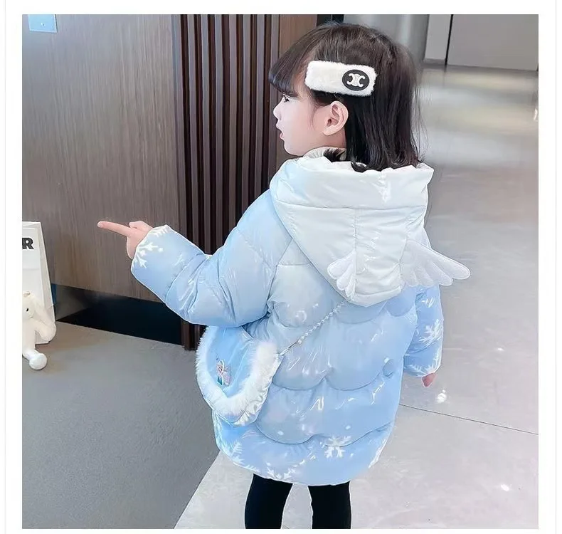 Baby Girl Winter Jacket Coat 2024 New Kids Clothes Frozen Elsa Velvet Thicken Wing Hooded Outerwear Fashion Children Windbreaker