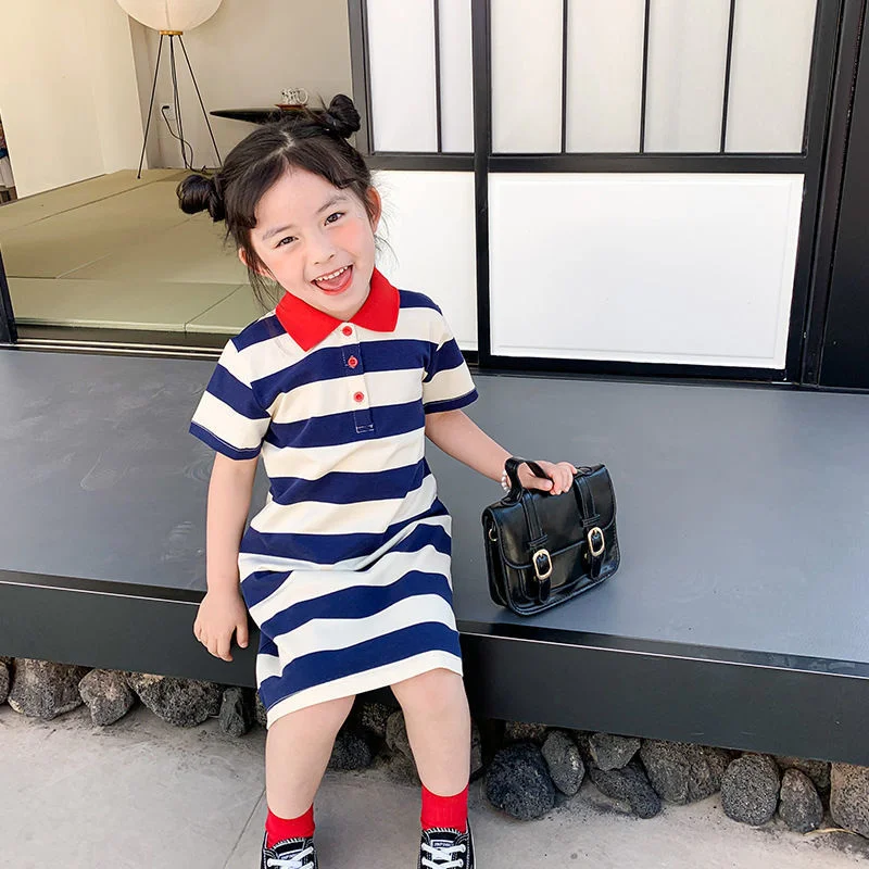 

A beautiful summer dress baby girl striped POLO long dress soft loose children short sleeve princess dress girls casual dress