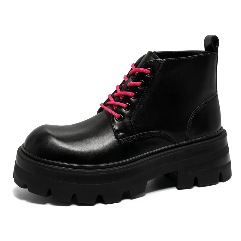 men casual stage nightclub platform boots lace-up natural leather shoes cowboy spring autumn boot black trendy cool ankle botas - view 4