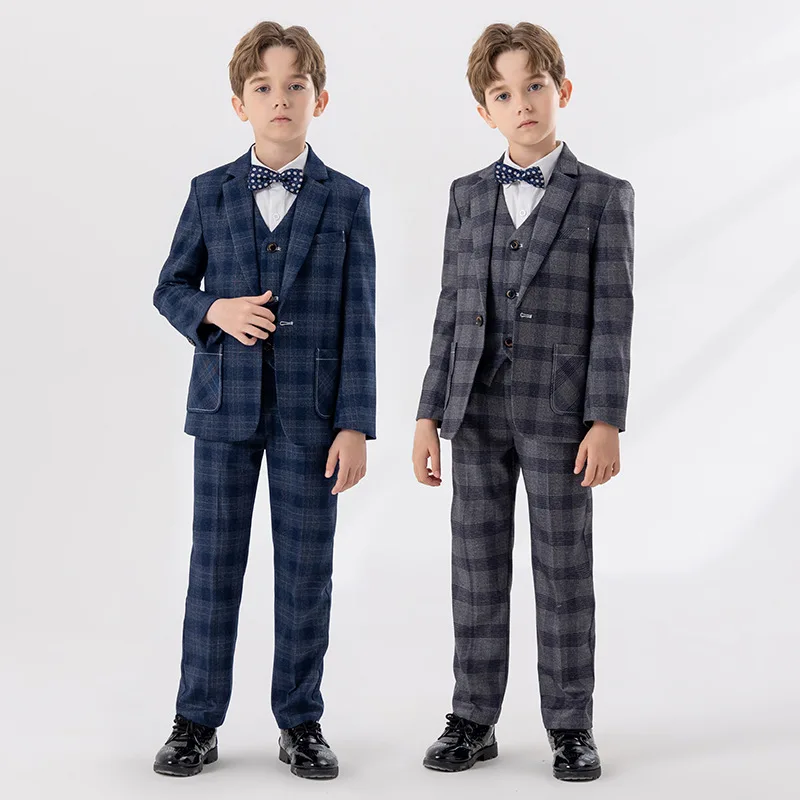 

Boys Blue Slim Fit Suits Formal Wear Children Teenagers Groomsman Performance Host Clothes Kids Plaid Students Party Full Dress