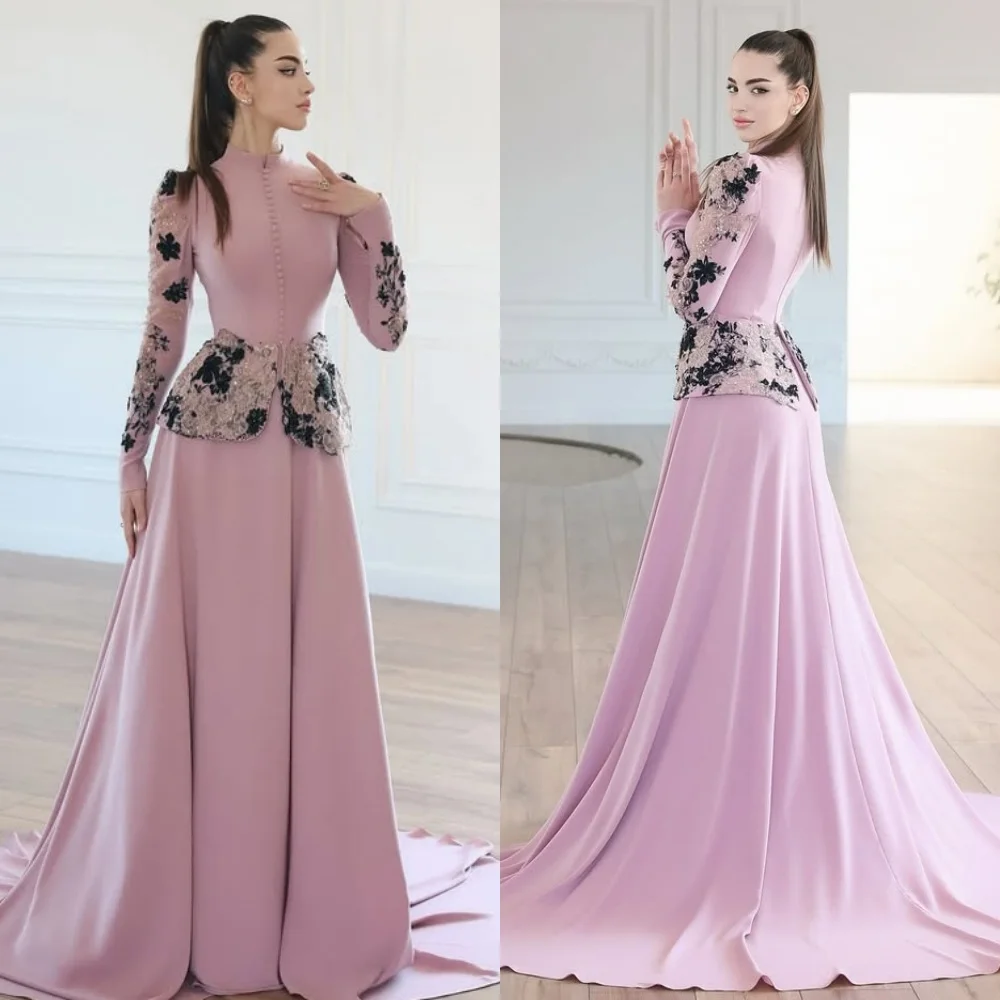 

Customized High Quality Fashion Jersey Lace Sequined Button A-line High Collar Long Dresses Bespoke Occasion Dresses Matching