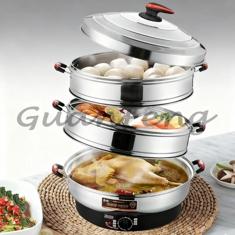 Large capacity three-layer electric steamer, stainless steel plug-in insulation automatic power-off cooking utensil