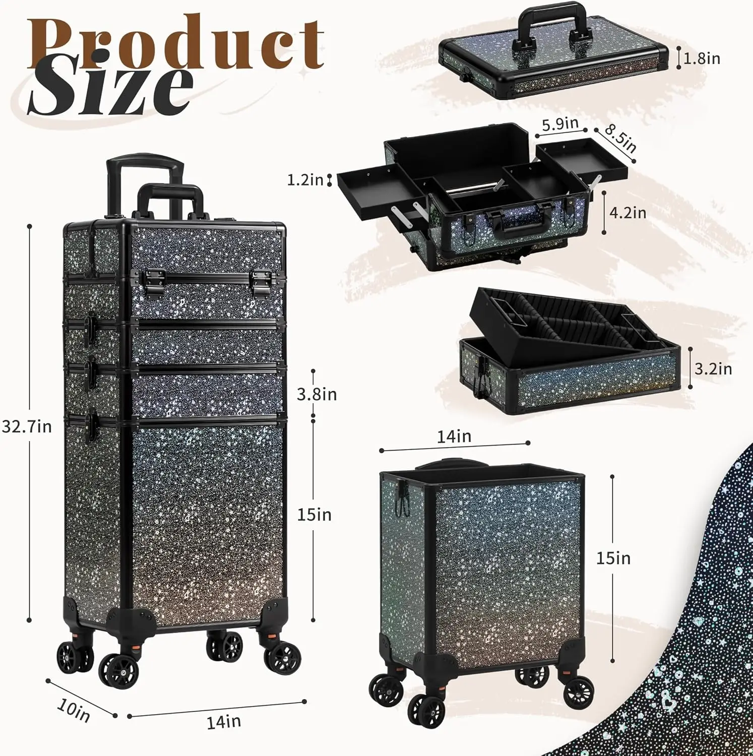 Rolling Makeup Train Case 5in1 Cosmetology Case on Wheels Large Cosmetic Organizer Travel Cart for Hairstylist Artist Nail Salon