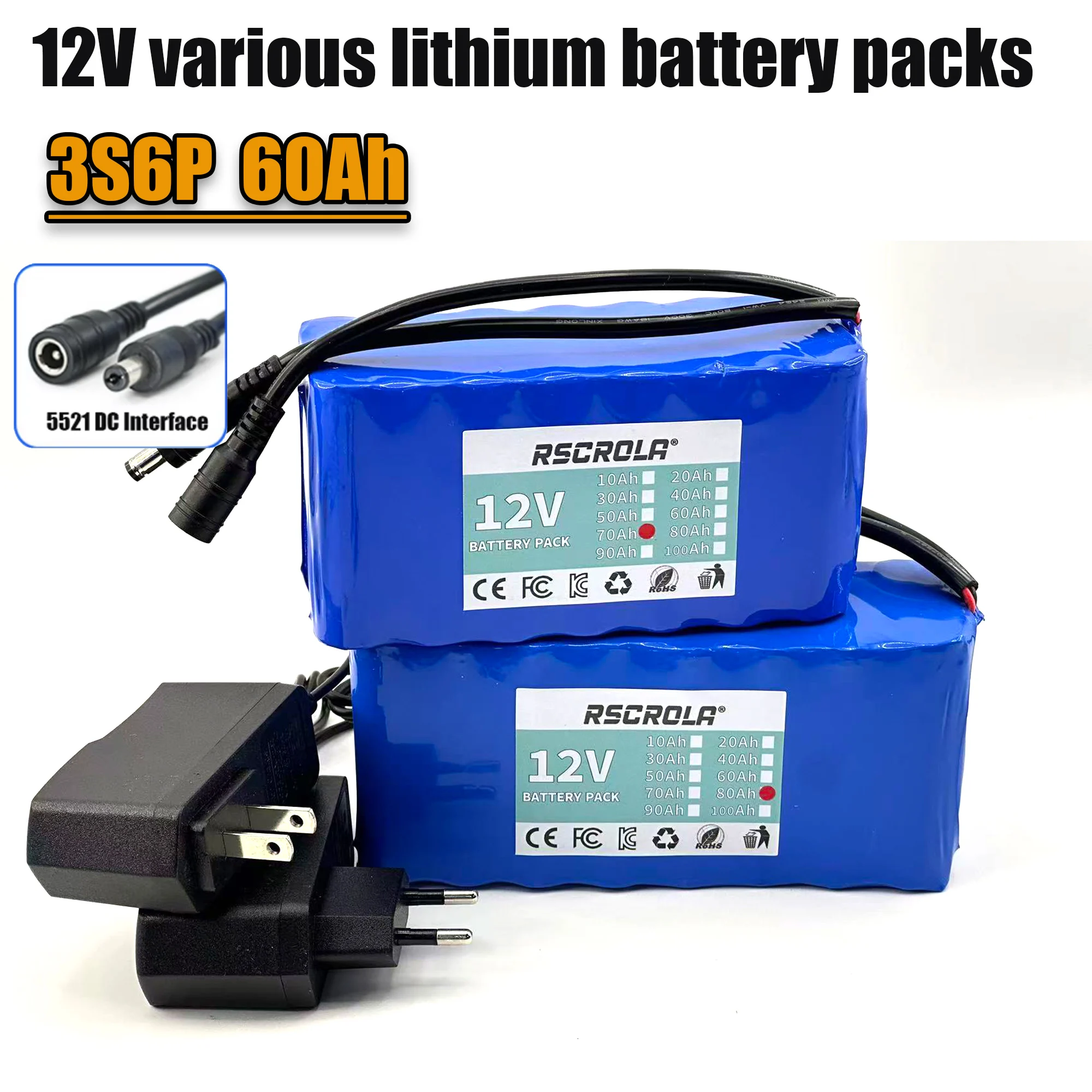 12V 20Ah-60Ah 3S6P 18650 Lithium Ion Battery Pack with BMS + Charger Super Large Capacity Rechargeable DC12.6V