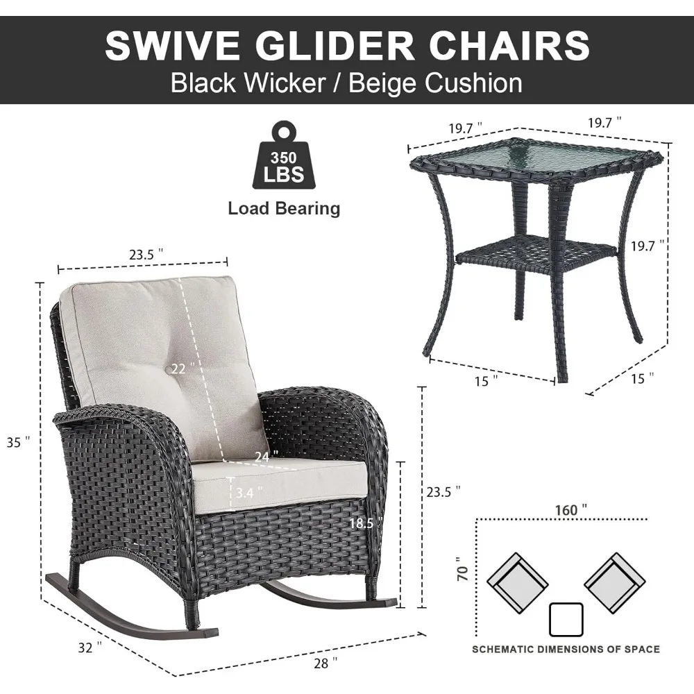 Patio Rocking Chairs Wicker Set - Outdoor Rocking Chairs Set of 2 with Side Table, 3 Piece Patio Rocker Furniture Set with Water