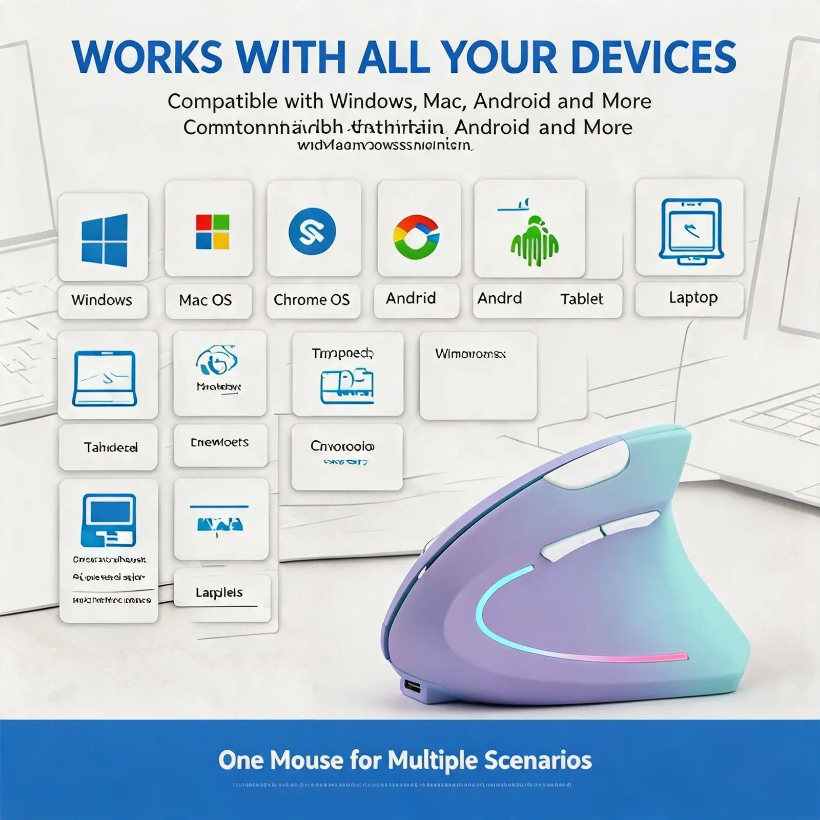Ergonomic Vertical Wireless Mouse 57° Grip Silent Click 2.4G & Bluetooth 5.4 Dual Mode RGB Light Rechargeable For Office Gaming
