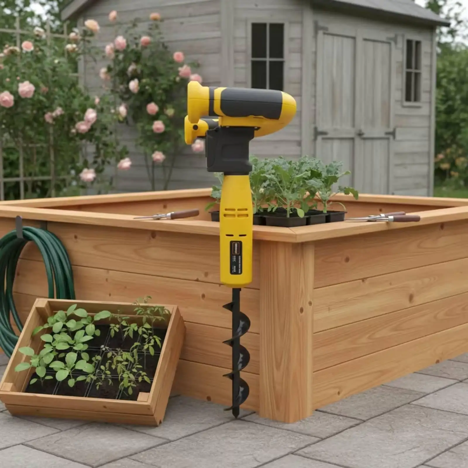 Electric Soil Drill for Garden Planting Cordless Ground Auger with Trigger Control and 30cm Black Spiral Bit for Soil Boring