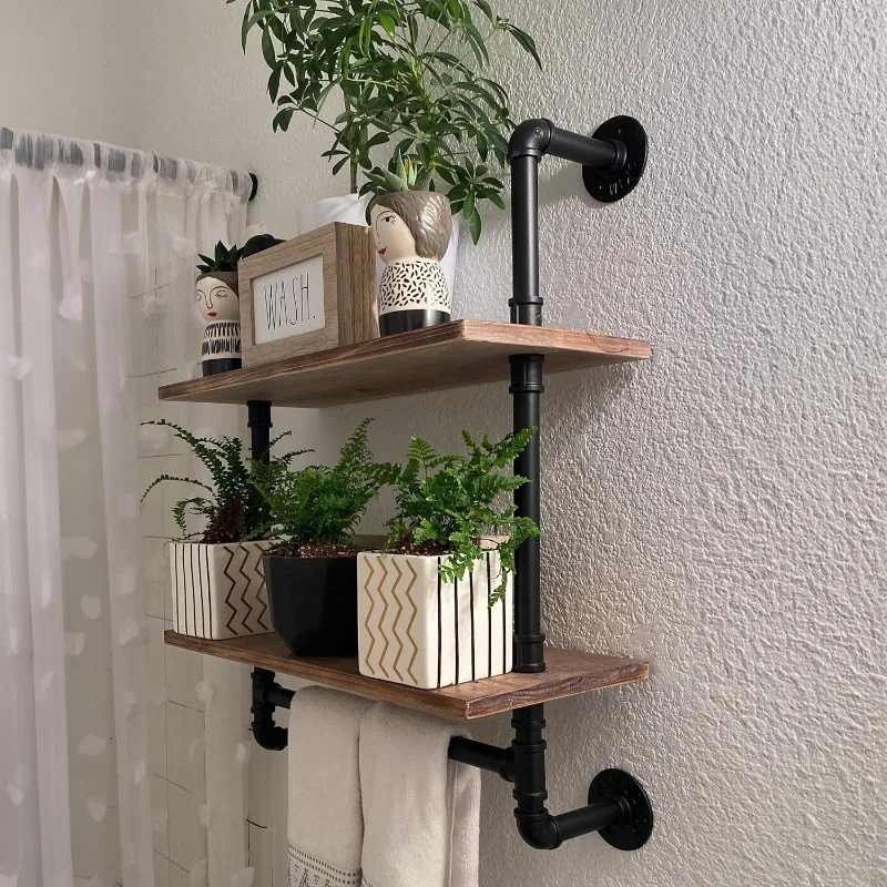 Pine Wood Floating Shelves Wall Shelves 24 inch,Bathroom Pipe Shelves with Towel Rack, Industrial Wall Mounted Shelf for