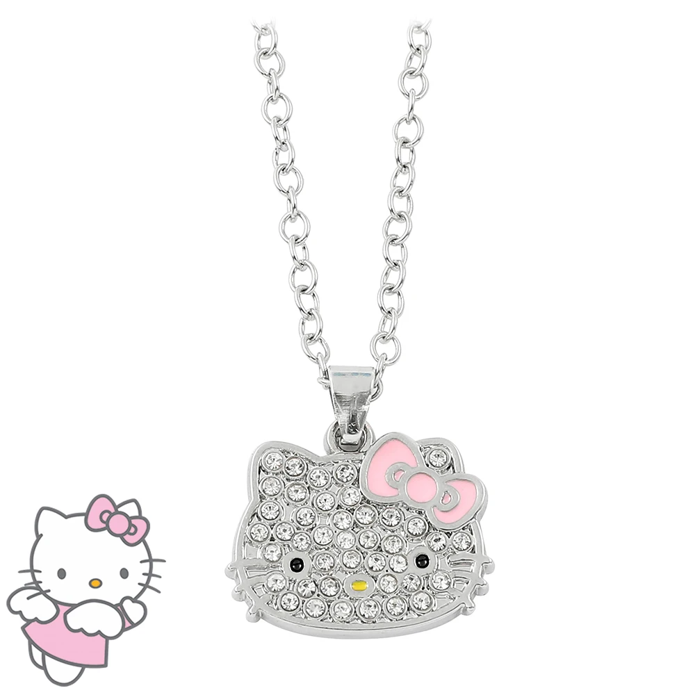 Anime Sanrio Hello Kitty Necklace Cute Cartoon Figure KT Cat Metal Rhinestones Badge Pendant Necklace Kawaii Jewelry Accessories