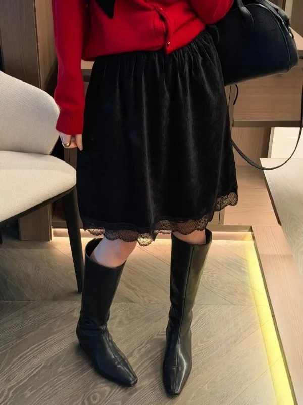 

Женская юбка больших размеров с кружевными вставками и бархатом, высокая талия, А-силуэт, повседневный корейский стиль