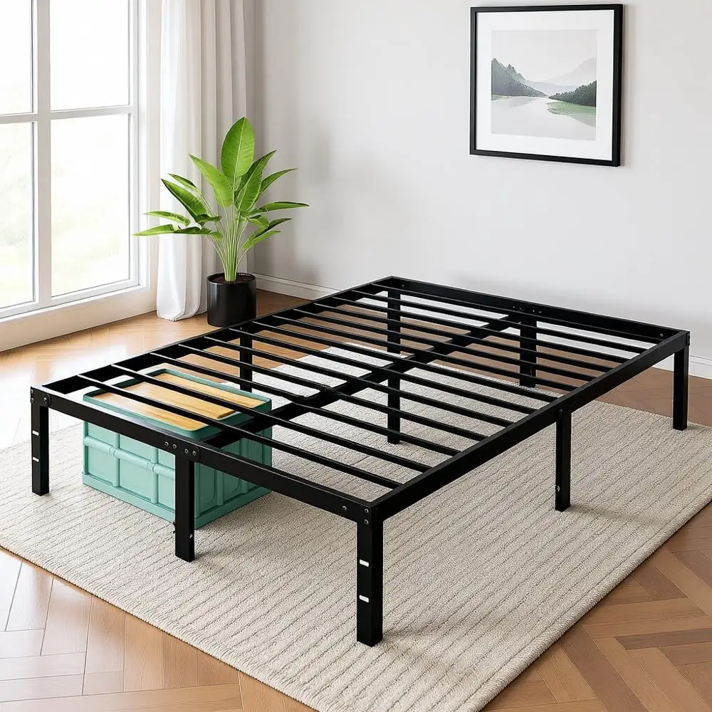 

Queen Size Heavy-Duty Metal Platform Bed with Storage, No Box Spring Needed, 14 Height, Steel Slat Support