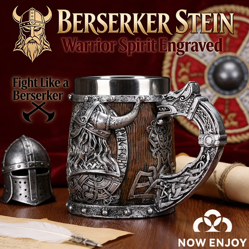 NOW ENJOY Viking Stainless Steel Nordic Viking Barrel Dragon Boat Warrior Horn Skull Beer Mug Tankard Stein Cup 450 ML