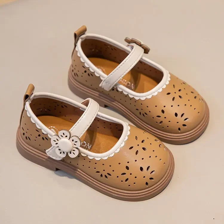 

Kids Princess Shoes Hollowed Out Fashion Girls' Leather Shoes with Sweet Flower 2024 New Children Flat Shoes with Lace Soft Sole