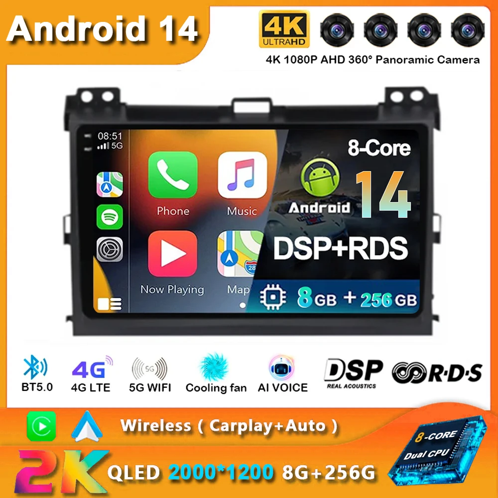 Android 14 2din Car Radio Navigation for Toyota Land Cruiser Prado 120 3 Lexus GX470 J120 2003-2009 Carplay Multimidia Stereo 