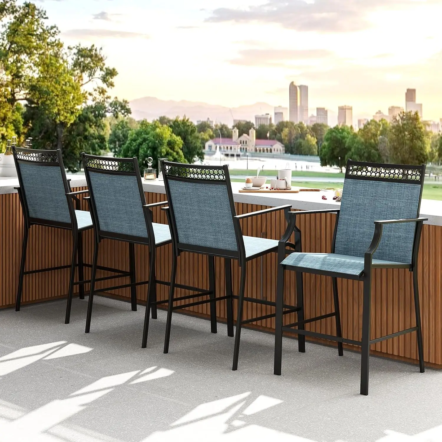 Outdoor Bar Stools 4PCS, 25 Inch Counter Height Metal Frame with Armrest & Footrest, Patio Chairs for Poolside, Balcony, Deck, B