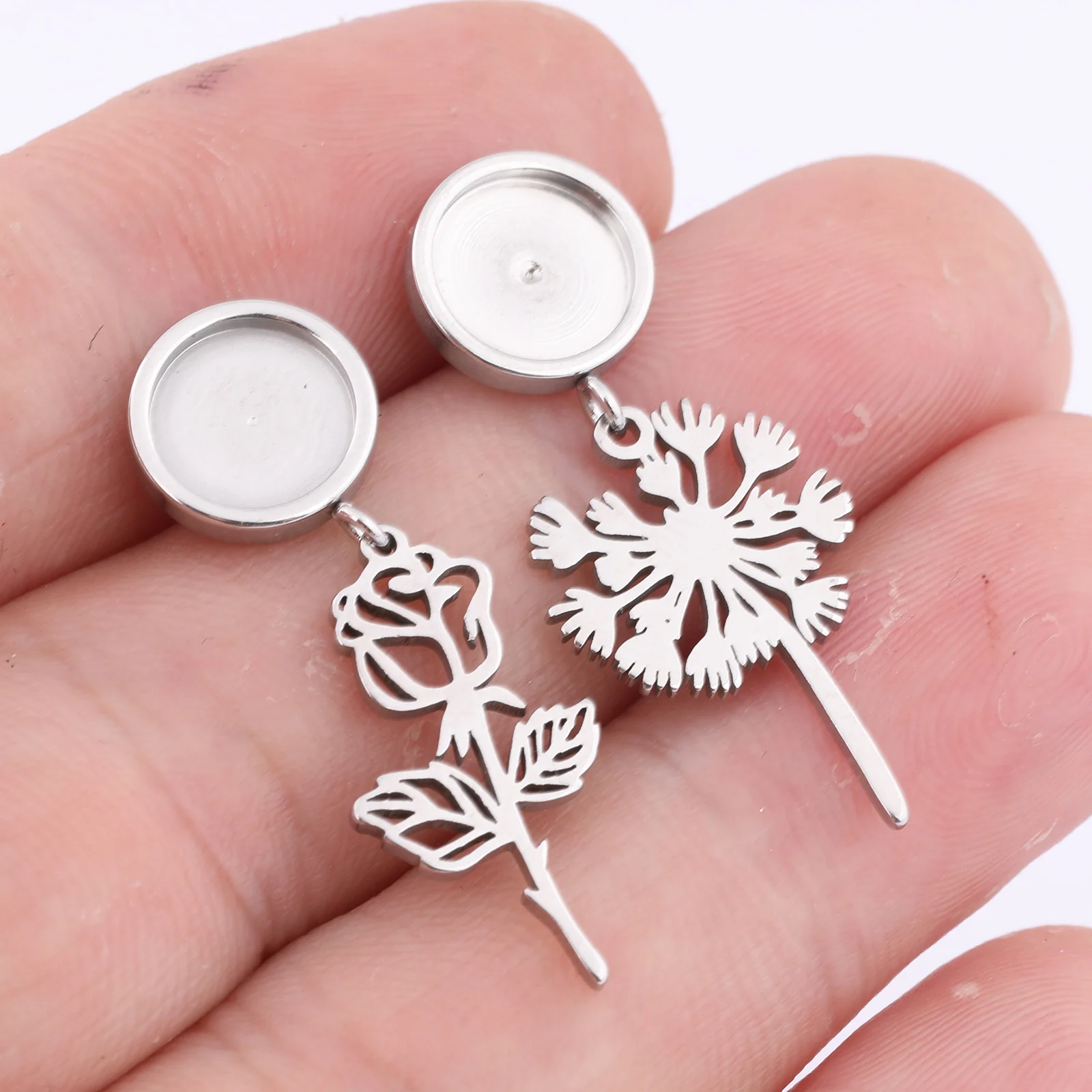 

6pcs Stainless Steel 8mm Cabochon Earring Base Blanks Studs With Flower Dandelion Charms Diy Bezel Settings For Jewelry Making