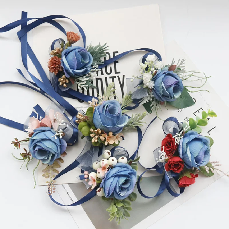 Boutonniere And Wrist Corsage Wedding Supplies Banquet Guests Simulated Flowers Bride and Groom Blue 527