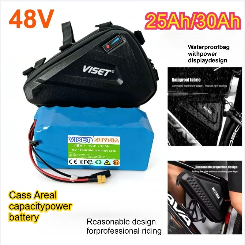 

Аккумулятор для электровелосипеда VISET 48V 25Ah/30Ah с водонепроницаемой треугольной сумкой, мотором 750W, LED-дисплеем и защитой BMS.