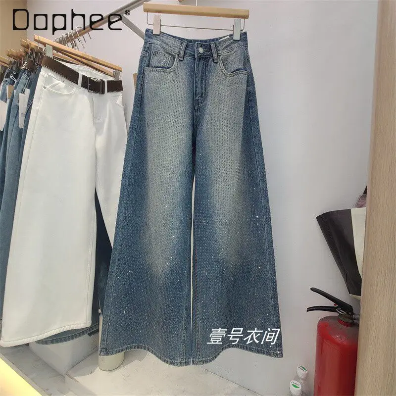 

Women's Starry Rhinestone Wide-Leg Jeans 2026 Spring New Vintage Blue High-Waisted Slimming Straight-Leg Pants Women Jeans