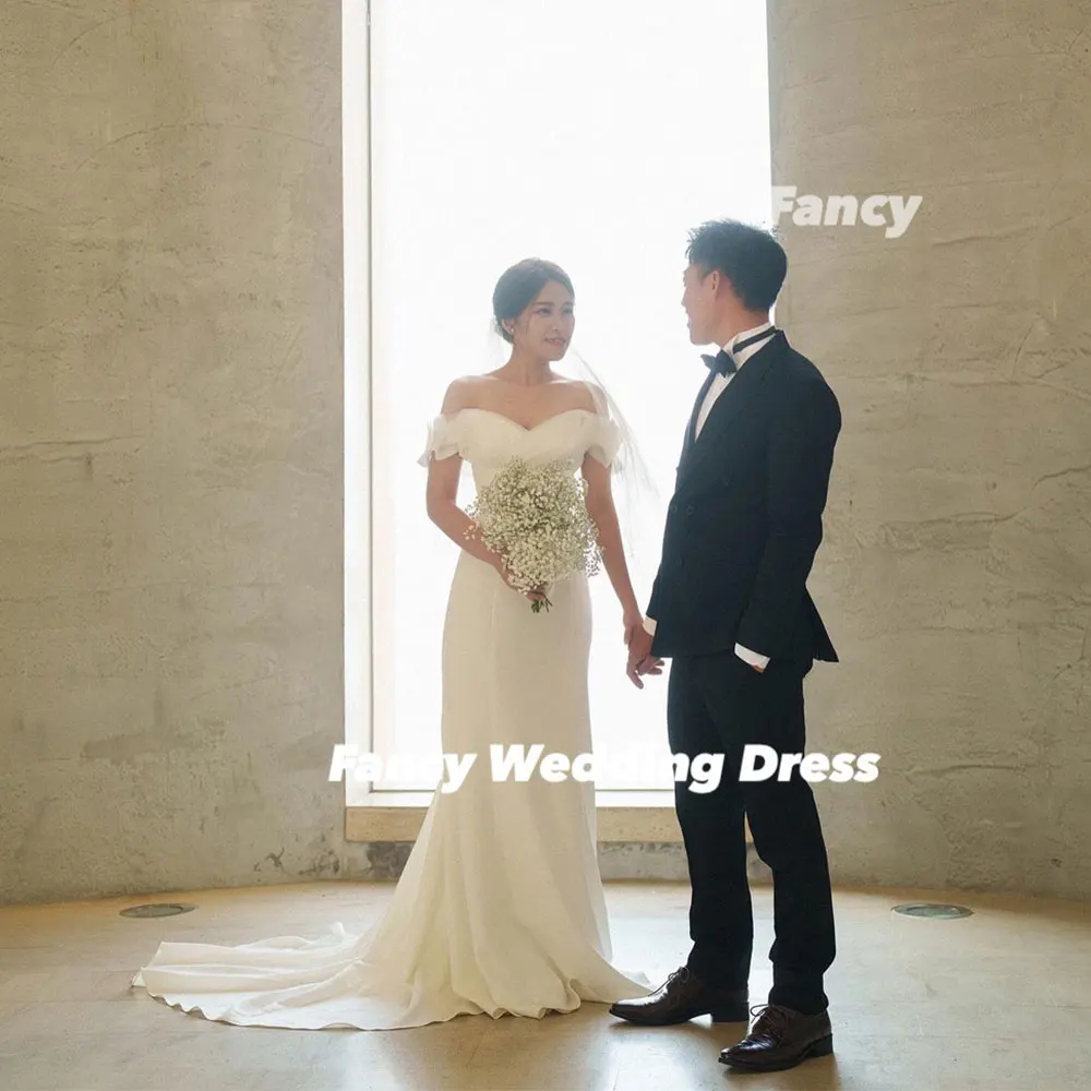 يتوهم كوريا الأميرة قبالة الكتف فستان الزفاف ألف خط مطاطا الساتان ثوب الزفاف الخلفي مشد ذيل طويل مخصص ستنسينغدريس #1