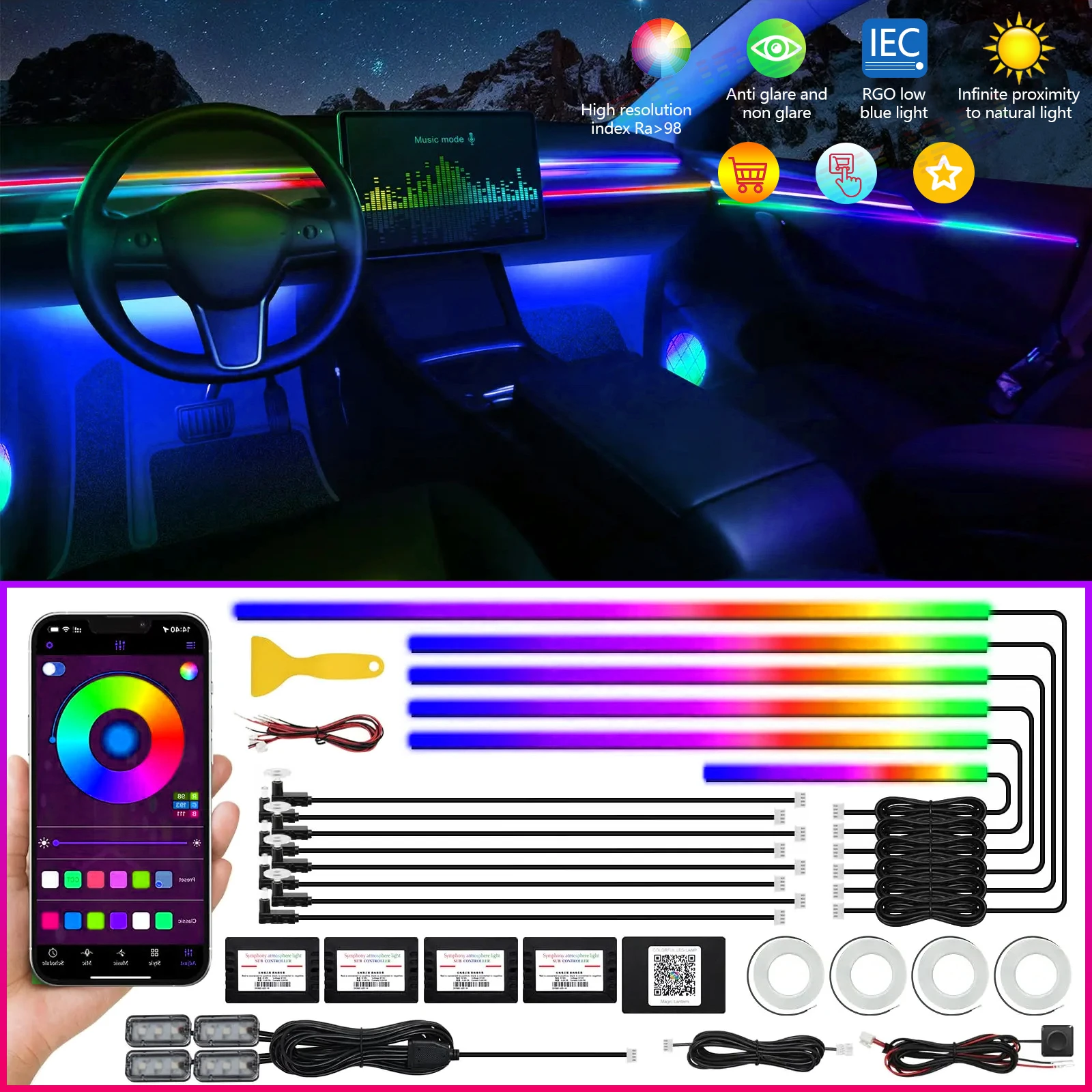 

22 In1 Full Universal Symphony Car LED Ambient Lights Decoration Atmosphere Lamp 64 RGB Colorful Streamer Rainbow App Control