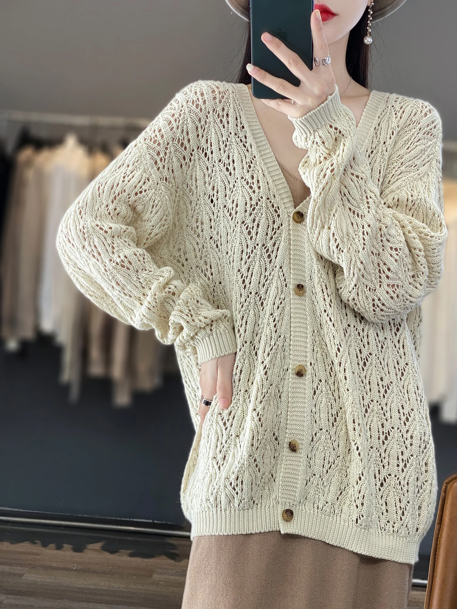 Spring 100% cotton knitted sweater women's loose and comfortable hollow-out sweater women's college casual long knitted Korean