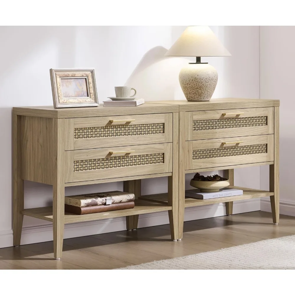 Night Stand Set 2 - Large Nightstands Sets of 2 with Drawers and Shelf, Rustic Bedside Table for Bedroom, Mid Century Modern