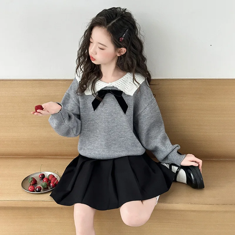 

Autumn Children Girls 2pcs Sets Kids Girls Bowknot Turn Down Collar Sweatshirt School Girls Pleated Skirt 4-14Y Girls Outfit