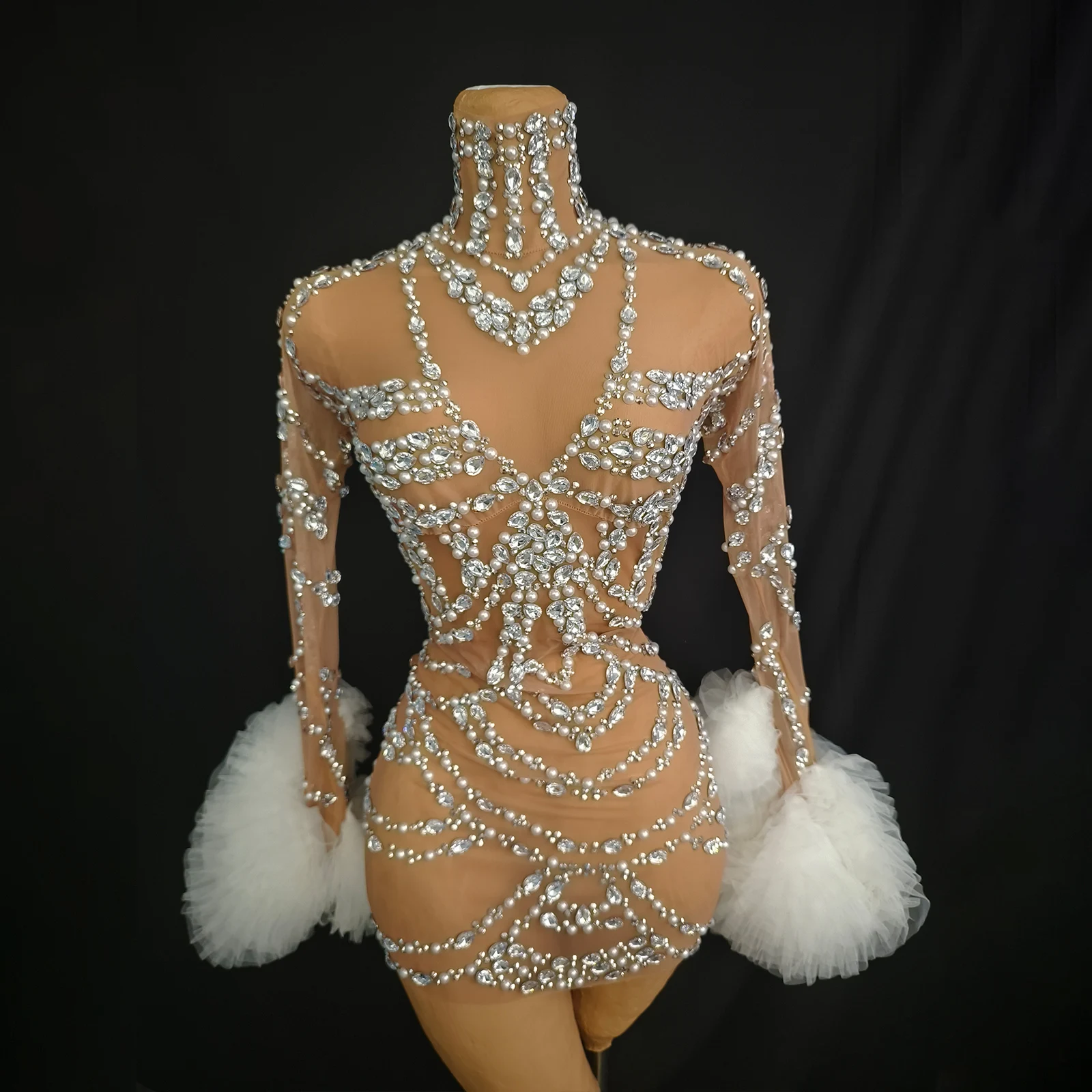 

new arrival pearl mini birthday outfits for women mesh Sexy Stage Celebrate Wedding birthday DS club party pole dance clothing