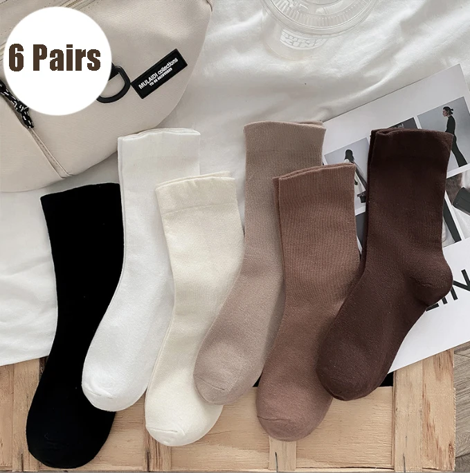 5/6 Paar Damen Maillard Herbst-Winter-Socken, einfarbig, flacher Boden, lässige Socken, mittlere Röhre, elastisch, atmungsaktiv, Sport-Crew-Socken
