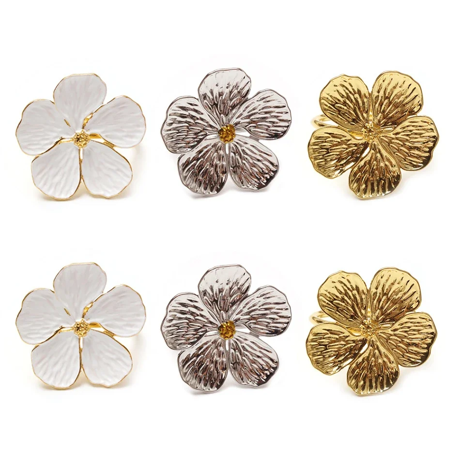 6PCS Napkin Buckle, White Plum Blossom Metal Napkin Rings, Festival Wedding Party Holiday Table Decoration