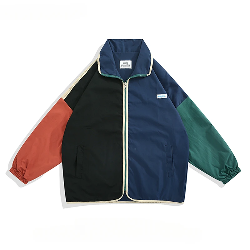 

Spring and Autumn Contrast Color Spliced Workwear Jackets Men's Lapel Long-sleeved Retro Casual Loose Versatile Zipper Coats