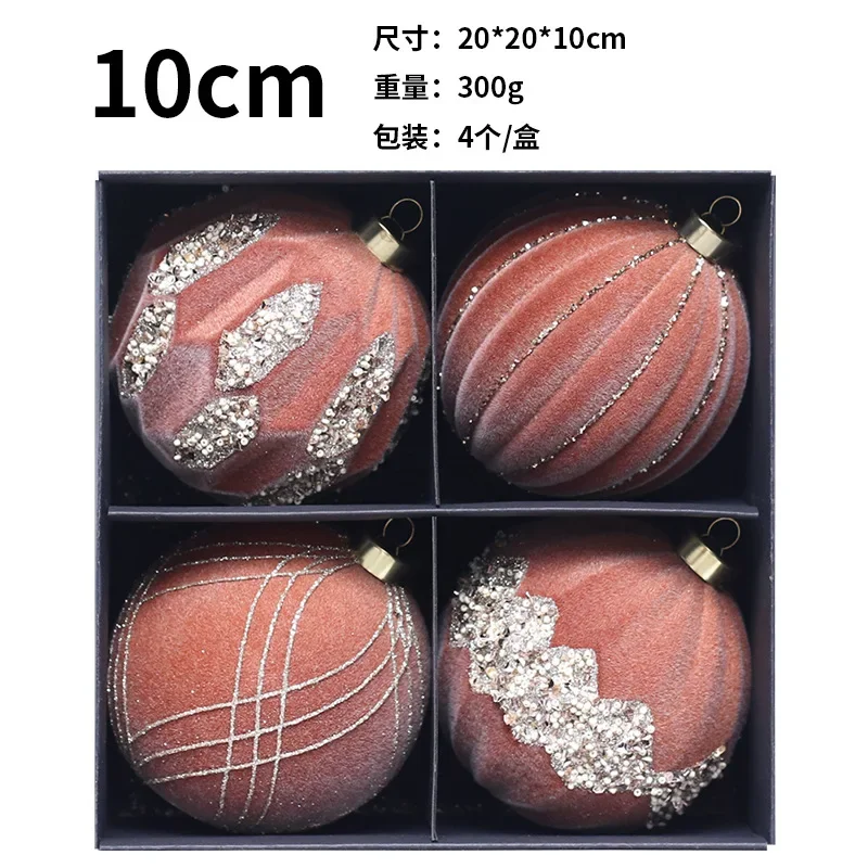 10cm 4pcs Christmas Ball Ornaments Flocking Red Christmas Tree Party Decoration New Year Christmas Spheres Pendant 2024