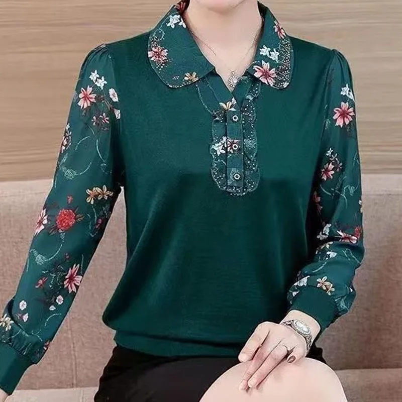 Fashion Vintage Floral Spliced Turn-down Collar Tops Women\'s Clothing Pullovers Spring Autumn Korean Long Sleeve Printed T-shirt