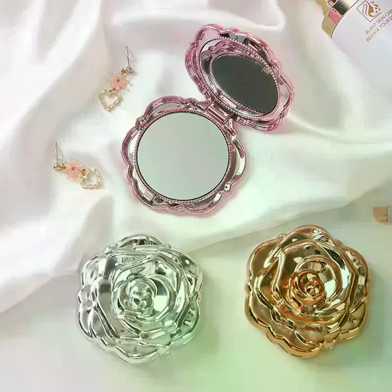 1pcs Portable Mini Mirror Retro Rose Flower Pocket Makeup Mirror Double Sided Hand Mirrors Compact Cosmetic Beauty Tool Gift
