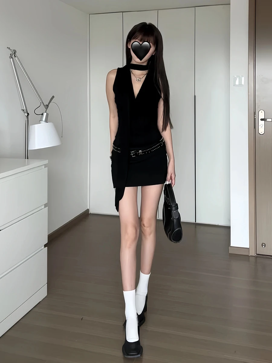 ReddaChic Women Sexy Black Modal Tank Dress Solid Scarf Cowl Neck Sleeveless Stretchy Bodycon Mini Dress Sexy Night Clubwear