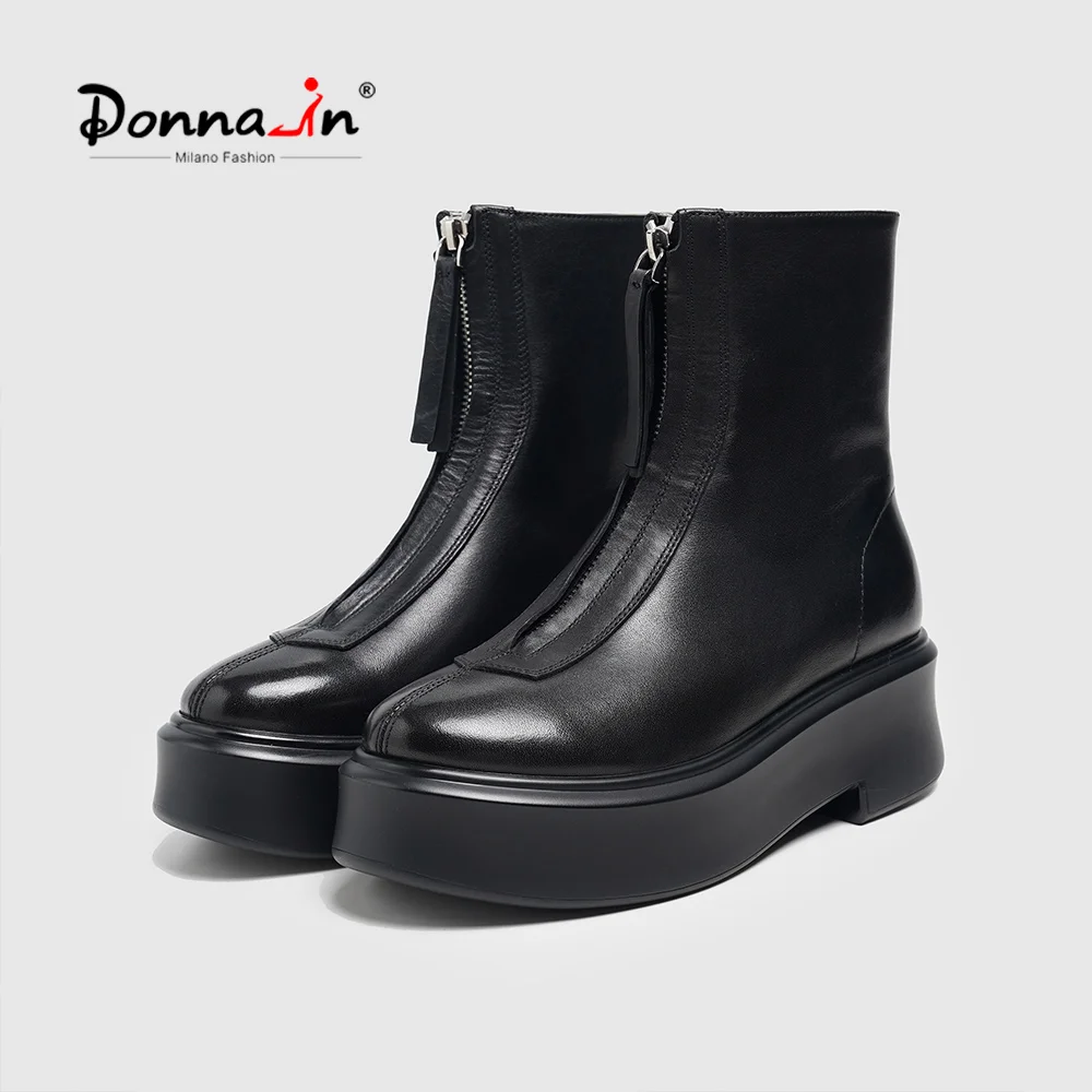 Donna-in Platform Boots Cowhide Leather Women Classic Front Zip Booties Round Toe Square Heel Simple Autumn Female Short Boots