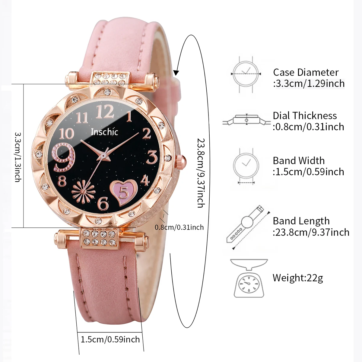 2pcs/set Fashion Women Leather Strap Love Heart Quartz Watch & Crystal Bracelet