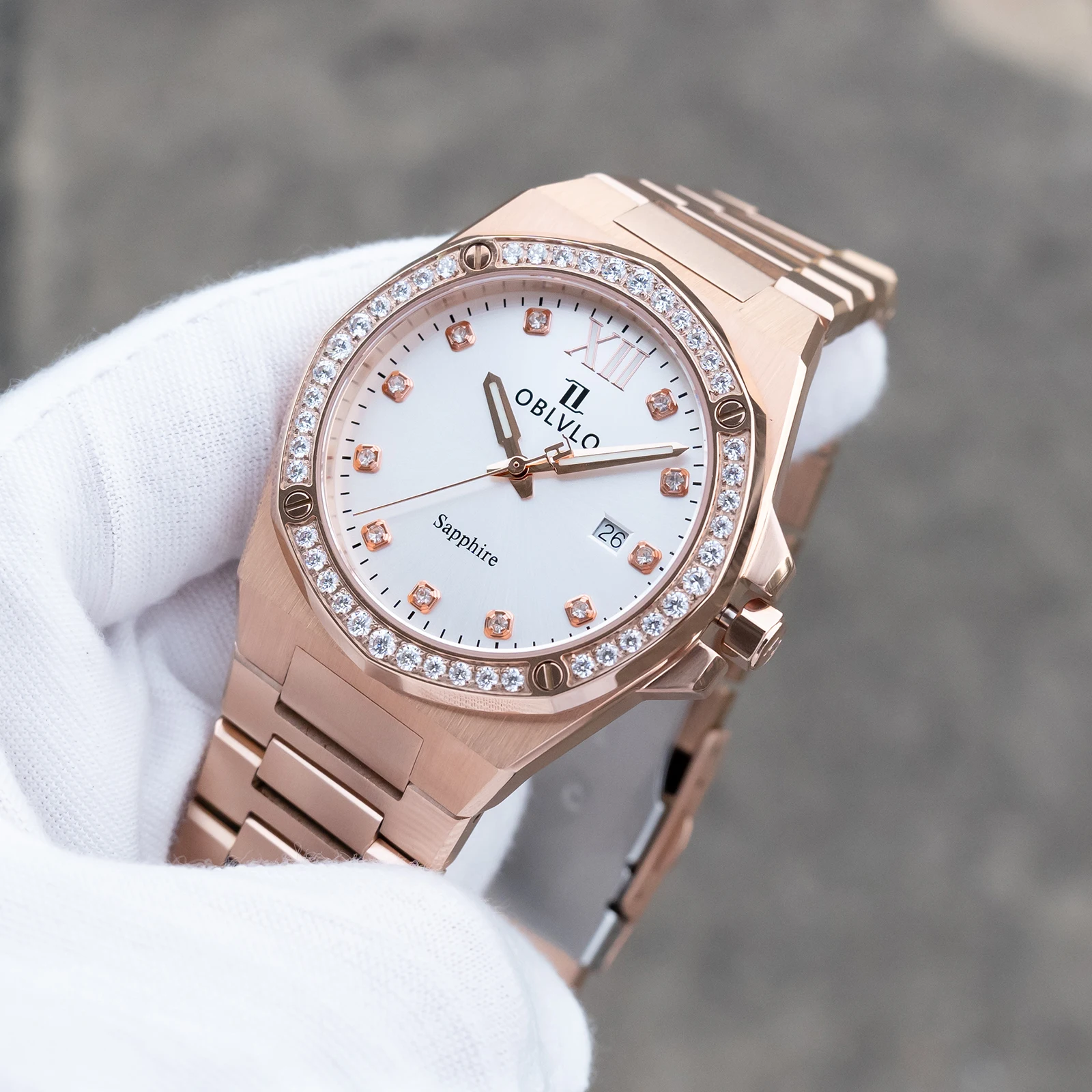 

OBLVLO Men's Elegant Quartz Watch Rose Gold White Dial with Date Elegant Diamonds Octogon Bezel Waterproof Couple Watches AW