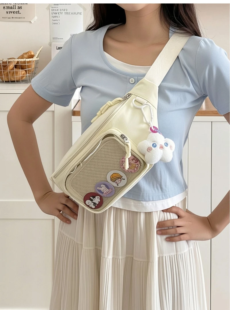 Neue süße Anime Ita Bag – Stylische Damen-Outdoor-Fahrrad-Umhängetasche, transparente Bauchtasche für Mädchen, DIY Comic-Display-Schultertasche – Detail 12