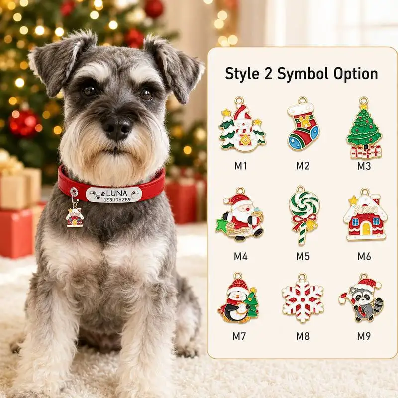 Personalized dog collars, customizable with engraving, cute Christmas charms, genuine leather, suitable for cats, small dogs, an