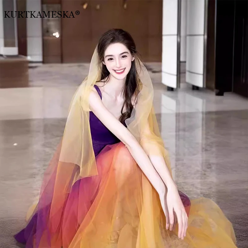 

Elegant French White Mesh Suspender Bride Wedding Shooting Dress Sexy Backless Simple Long Prom Evening Party Gradient Dresses