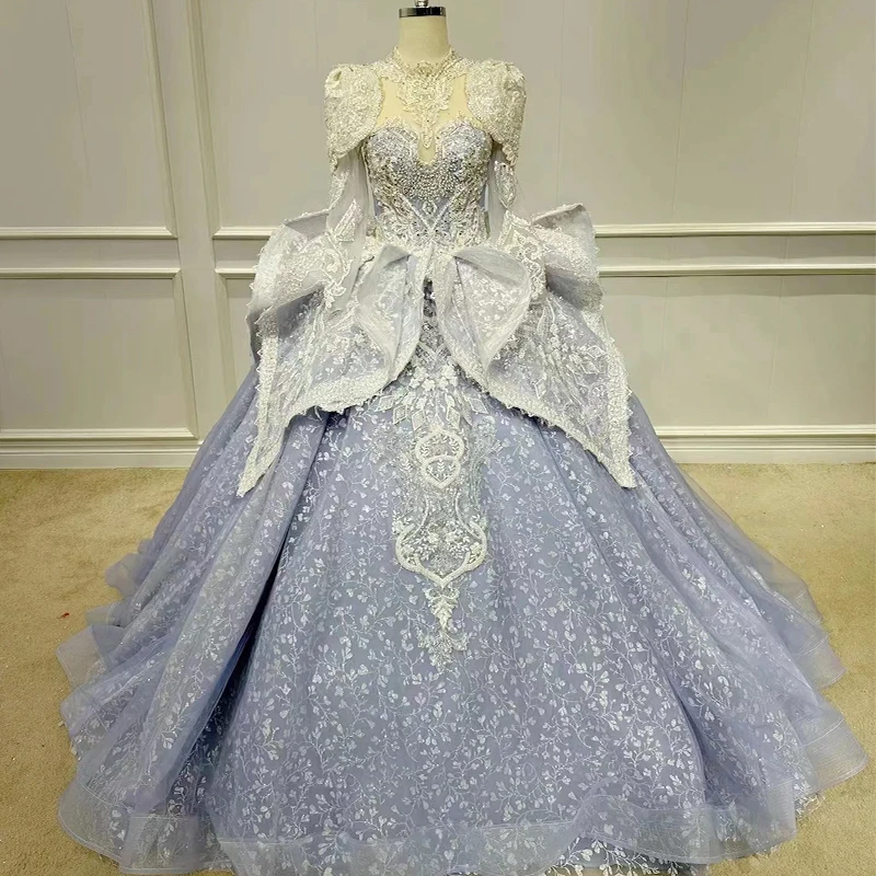 Elegante vestido De quinceañera con diamantes para niñas, traje De corte con lazo, volantes, cuello alto, plisado, manga larga, personalizado, 15 Años