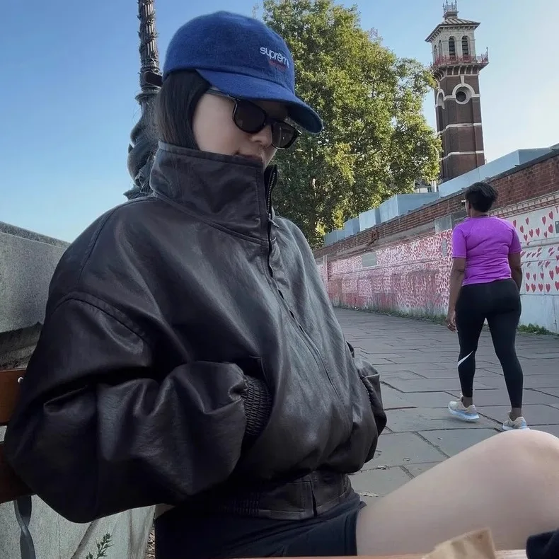 معطف فضفاض مناسب لراكبي الدراجات النارية Sle Jaet ort بسحاب للإغلاق بلون نقي وياقة واقفة معطف جلدي صديق للبيئة للشابات #2