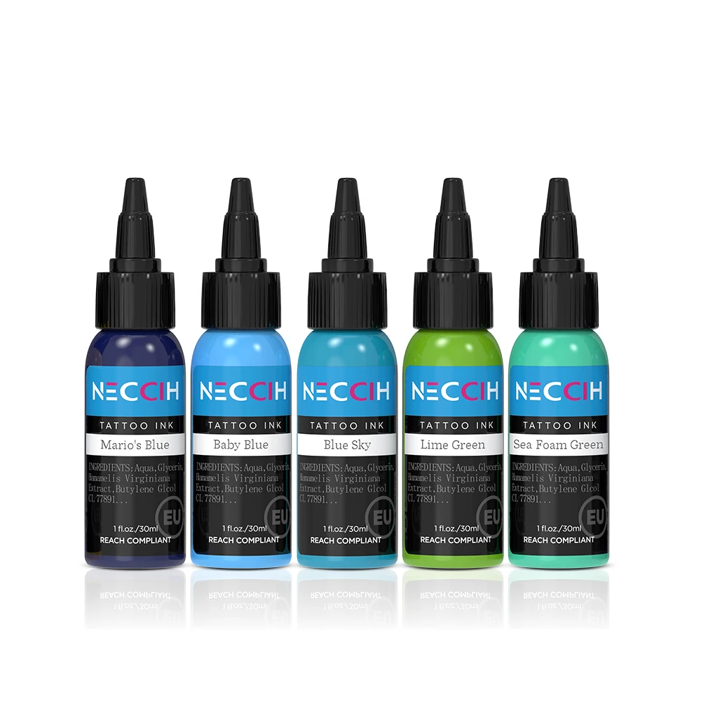Tattoo Ink Set 5 Bottles (1 Oz Each) Candy Color Ink Set Includes: Blue, Baby Blue, Sky Blue,Lime Green，Sea Foam Green