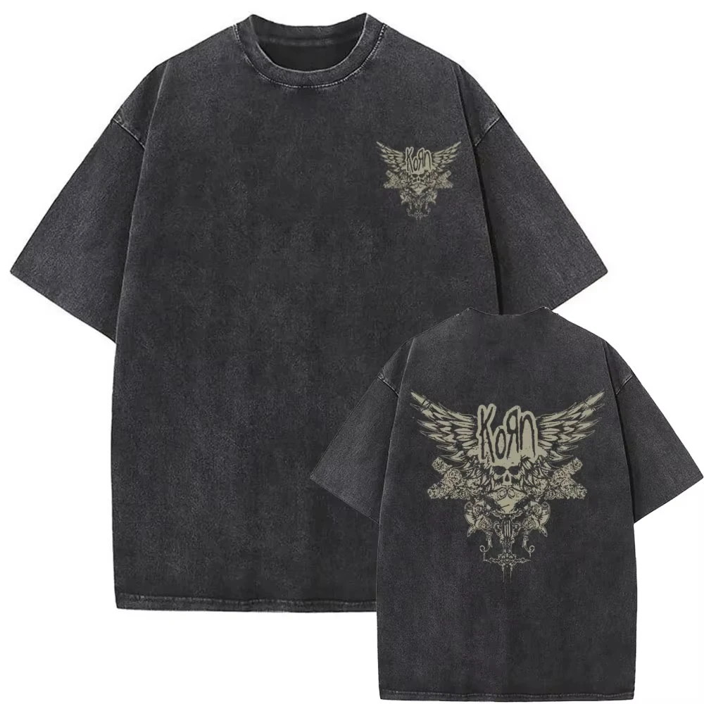 Vintage Washed Korn Follow The Leader T-Shirt, Rockband Gothic Oversized Casual Tees Unisex Streetwear Kurzarm-Oberteile – Detail 3